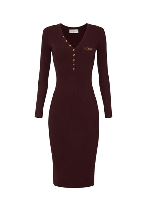 Abito ELISABETTA FRANCHI donna AM10B56 Bordeaux tubino slim aderente scollo a v bottoni gonna longuette lavorazione a costine ELISABETTA FRANCHI | Abiti | AM10B56EA4